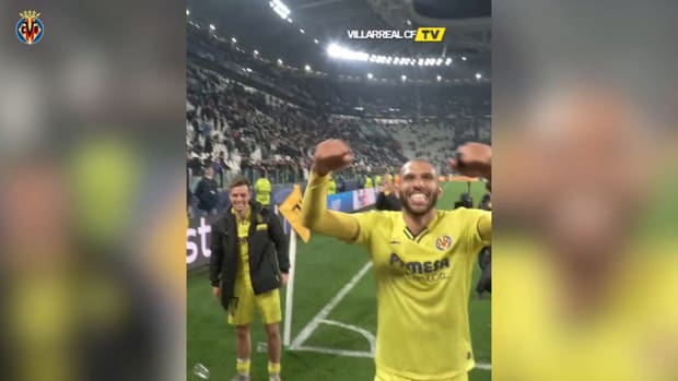 Villarreal players and fans celebrate their progress to the quarter-finals